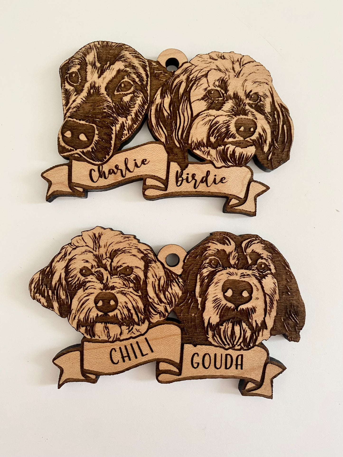 Custom Pet portrait for two pets | Wooden Keychain, Magnet, Ornament