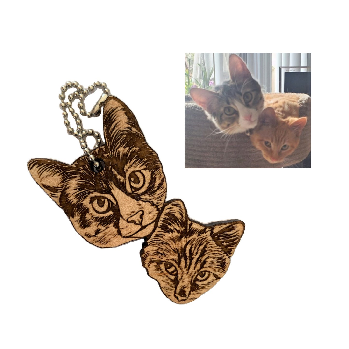 Custom Pet portrait for two pets | Wooden Keychain, Magnet, Ornament