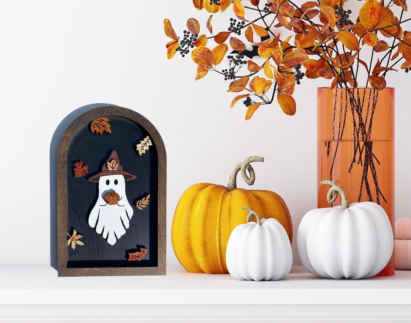 Fall Ghost with Pumpkin | Wood Sign