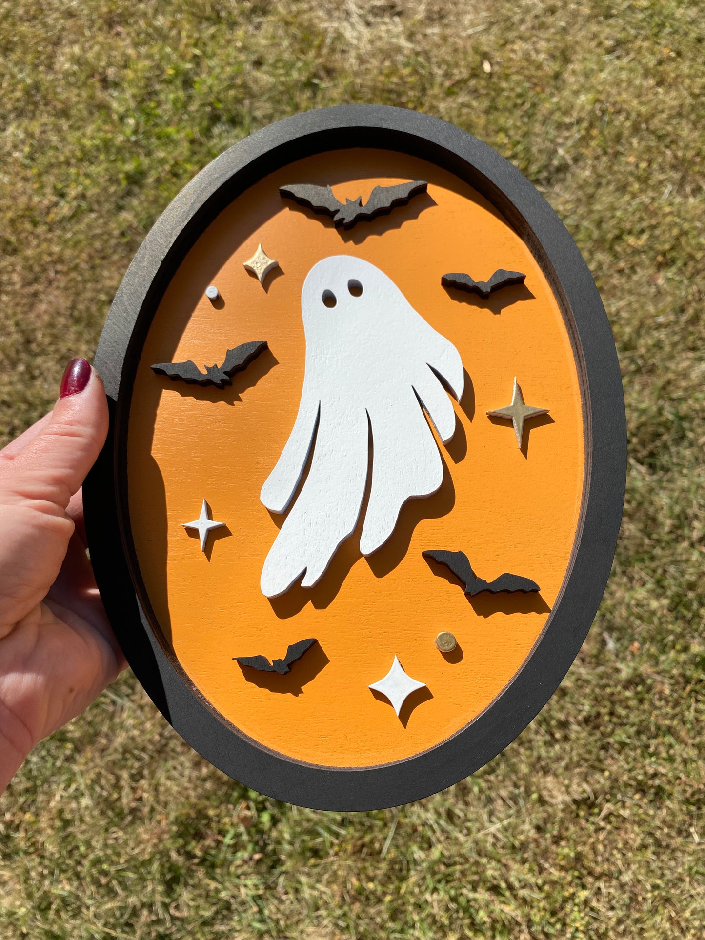 Ghost Flying with Bats Halloween Sunset | Wood Sign