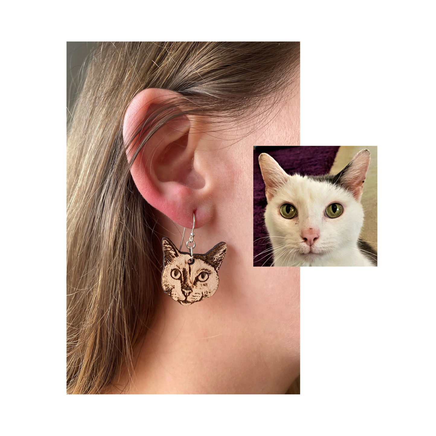 Custom Pet Portrait Wooden Dangle Earrings Sterling Silver