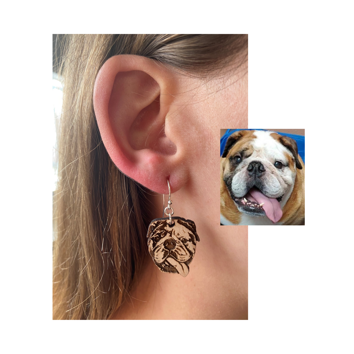 Custom Pet Portrait Wooden Dangle Earrings Sterling Silver