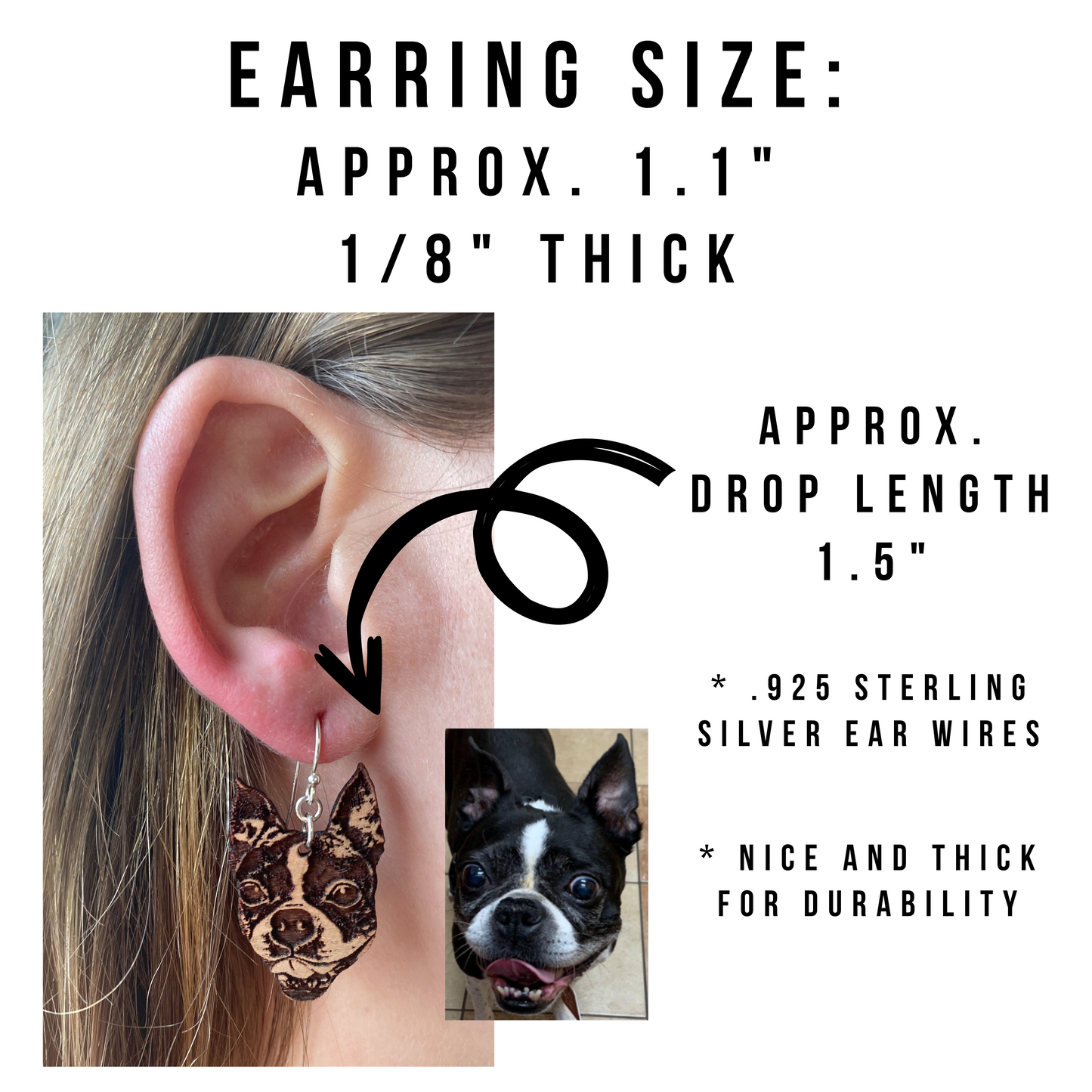 Custom Pet Portrait Wooden Dangle Earrings Sterling Silver