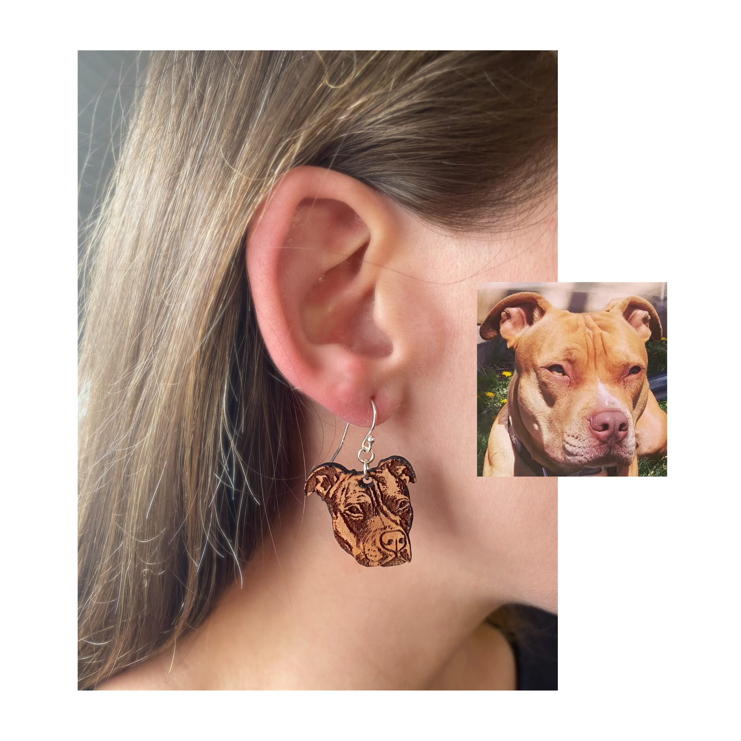 Custom Pet Portrait Wooden Dangle Earrings Sterling Silver