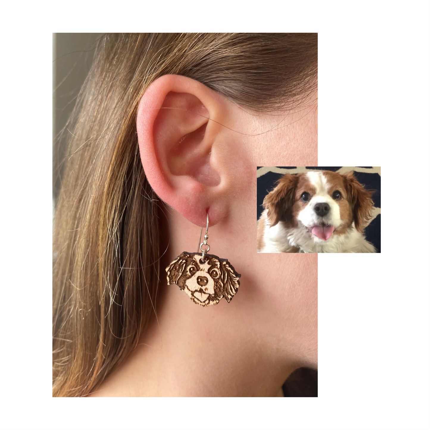 Custom Pet Portrait Wooden Dangle Earrings Sterling Silver