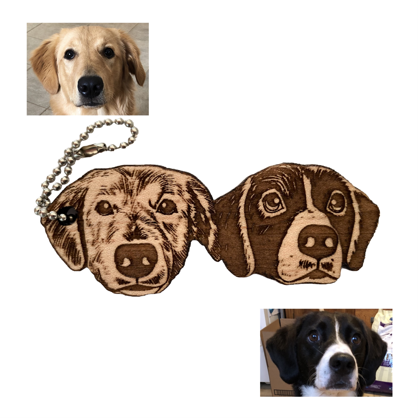 Custom Pet portrait for two pets | Wooden Keychain, Magnet, Ornament