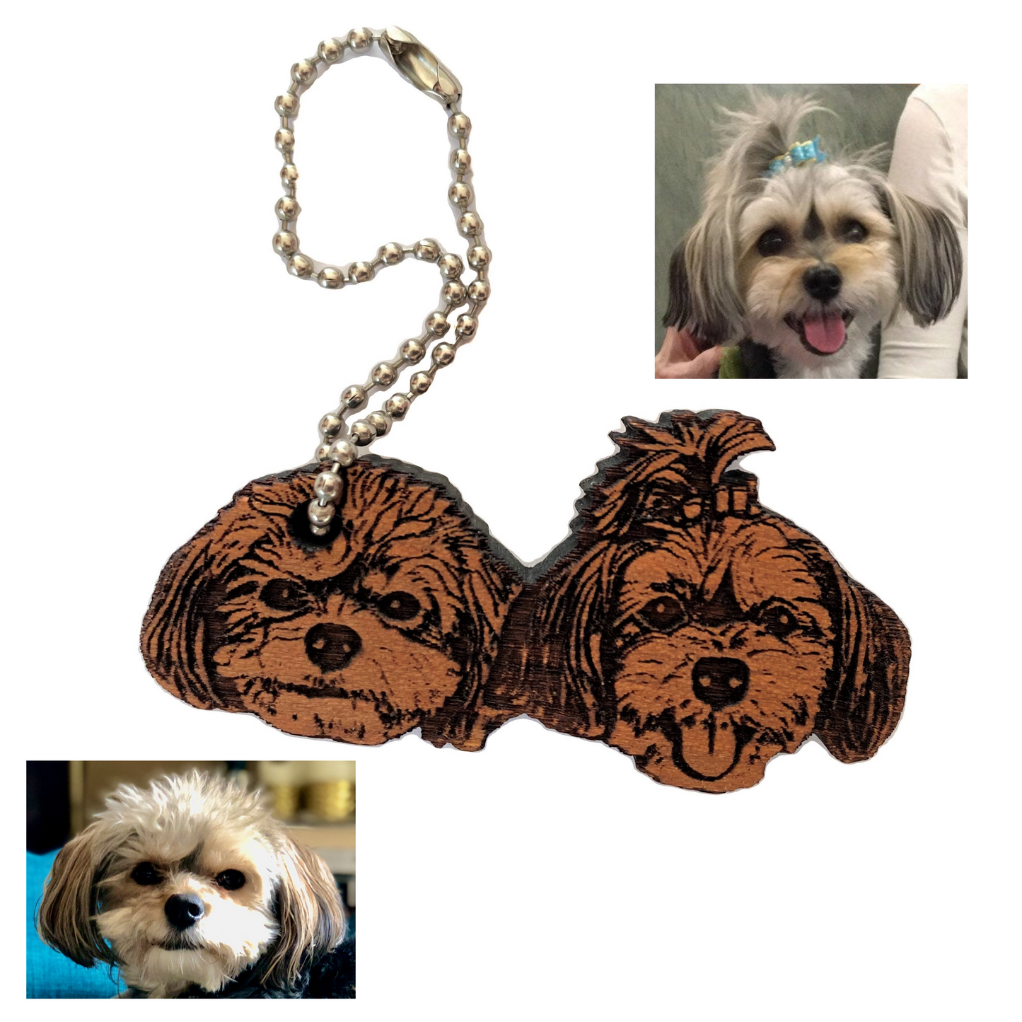 Custom Pet portrait for two pets | Wooden Keychain, Magnet, Ornament