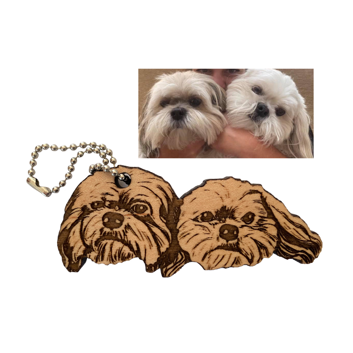 Custom Pet portrait for two pets | Wooden Keychain, Magnet, Ornament