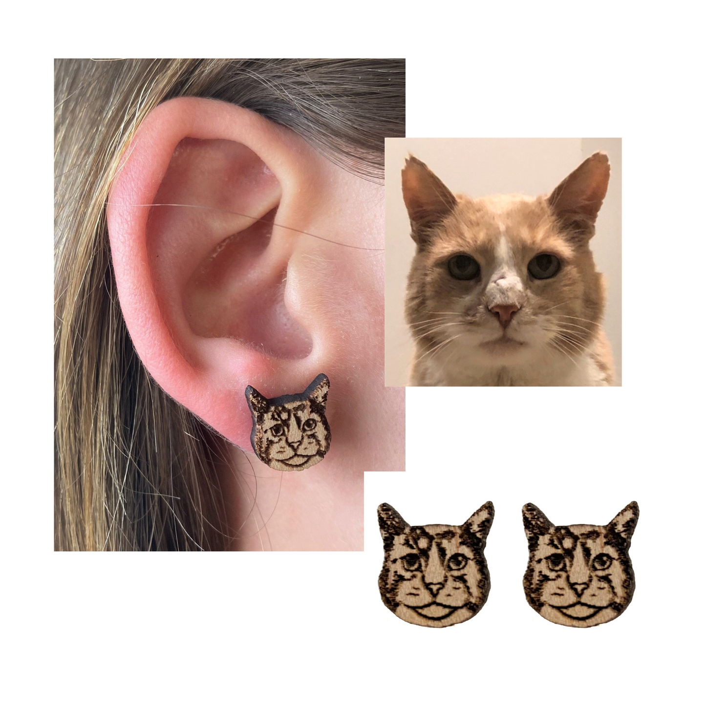 Custom Pet Portrait Wood Stud Earrings