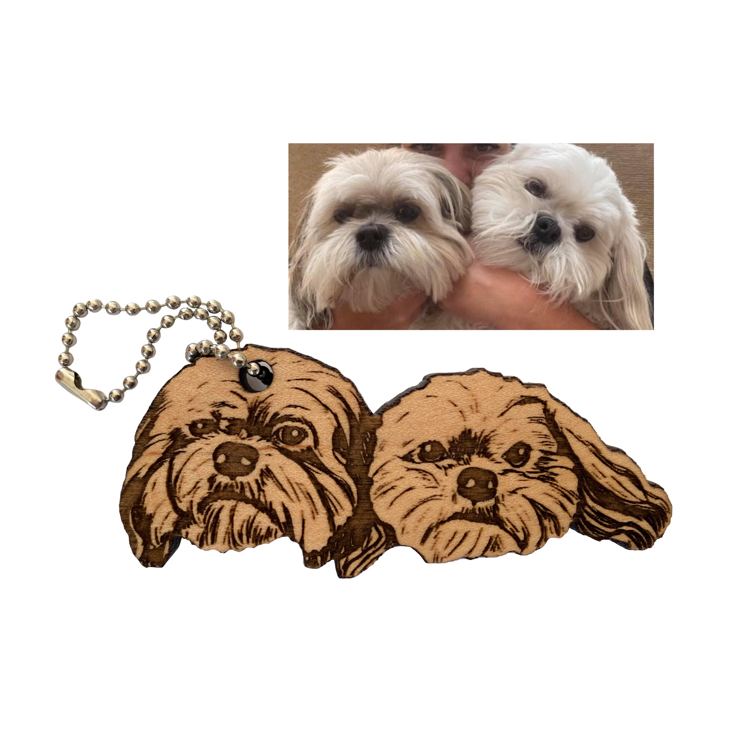 Custom Pet portrait for two pets | Wooden Keychain