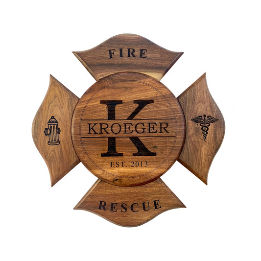 Maltese Cross Firefighter Plaque - Walnut